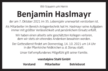 Traueranzeige von Benjamin Haslmayr von OÖNachrichten