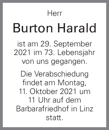 Traueranzeige von Burton Harald von OÖNachrichten