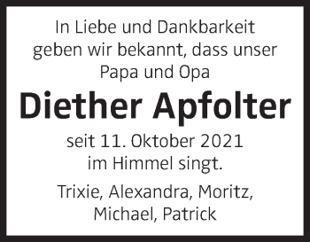 Traueranzeige von Diether Apfolter von OÖNachrichten