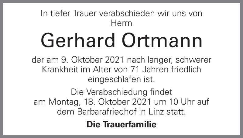  Traueranzeige für Gerhard Ortmann vom 15.10.2021 aus OÖNachrichten