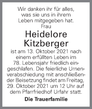 Traueranzeige von Heidelore Kitzberger von OÖNachrichten