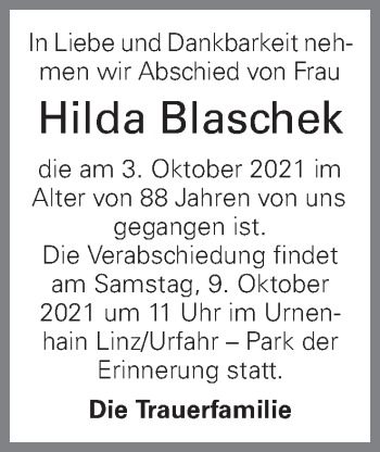 Traueranzeige von Hilda Blaschek von OÖNachrichten