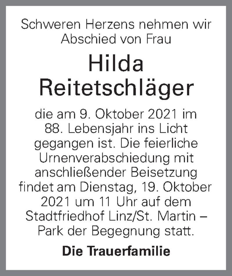  Traueranzeige für Hilda Reitetschläger vom 14.10.2021 aus OÖNachrichten