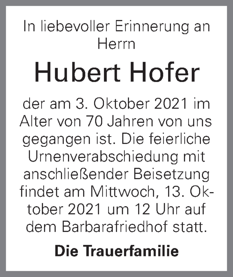  Traueranzeige für Hubert Hofer vom 08.10.2021 aus OÖNachrichten