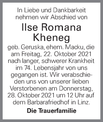 Traueranzeige von Ilse Romana Kheneg von OÖNachrichten