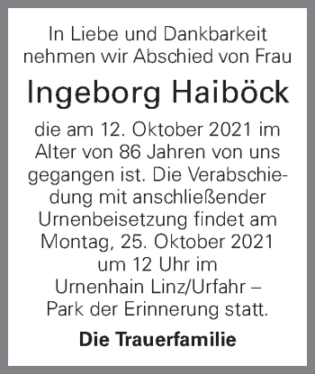 Traueranzeige von Ingeborg Haiböck von OÖNachrichten