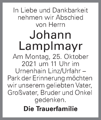 Traueranzeige von Johann Lamplmayr von OÖNachrichten