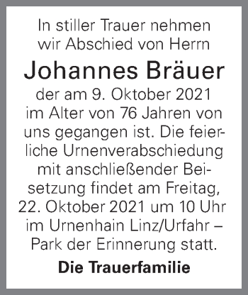 Traueranzeige von Johannes Bräuer von OÖNachrichten