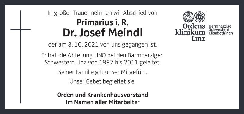  Traueranzeige für Josef Meindl vom 13.10.2021 aus OÖNachrichten