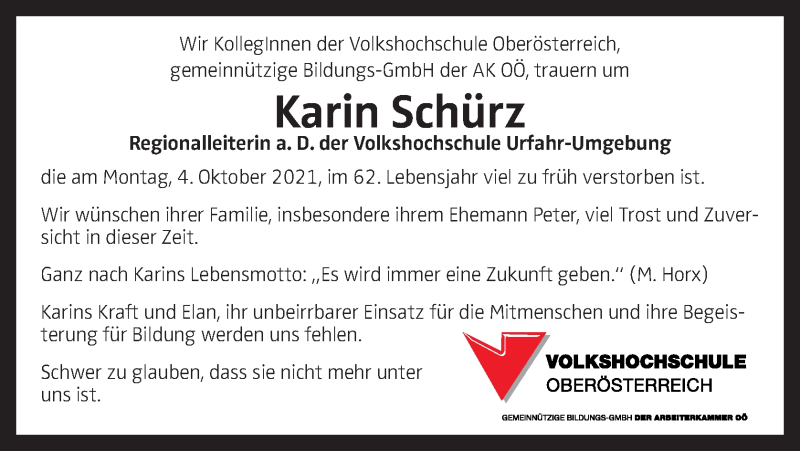  Traueranzeige für Karin Schürz vom 09.10.2021 aus OÖNachrichten
