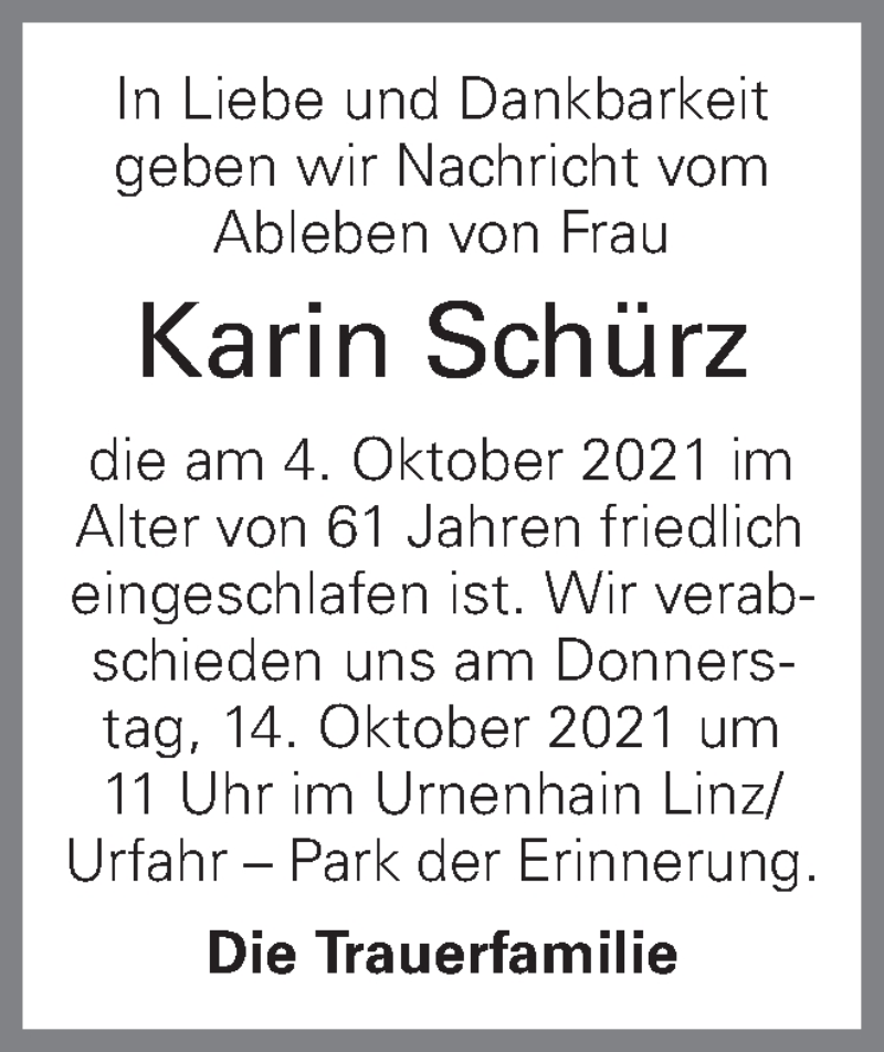  Traueranzeige für Karin Schürz vom 09.10.2021 aus OÖNachrichten