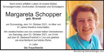 Traueranzeige von Margareta Schopper von OÖNachrichten