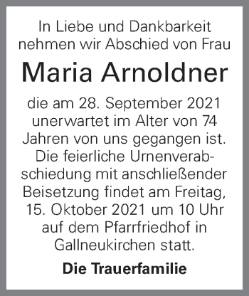 Traueranzeige von Maria Arnoldner von OÖNachrichten