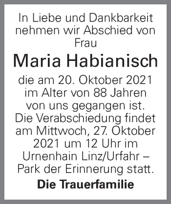 Traueranzeige von Maria Habianisch von OÖNachrichten