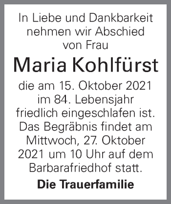 Traueranzeige von Maria Kohlfürst von OÖNachrichten