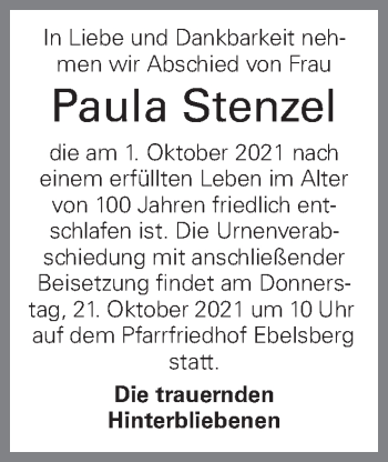 Traueranzeige von Paula Stenzel von OÖNachrichten