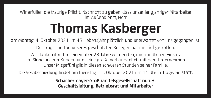  Traueranzeige für Thomas Kasberger vom 08.10.2021 aus OÖNachrichten