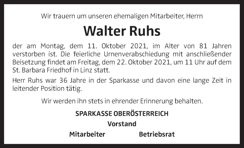  Traueranzeige für Walter Ruhs vom 16.10.2021 aus OÖNachrichten