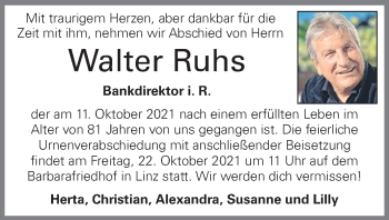 Traueranzeige von Walter Ruhs von OÖNachrichten