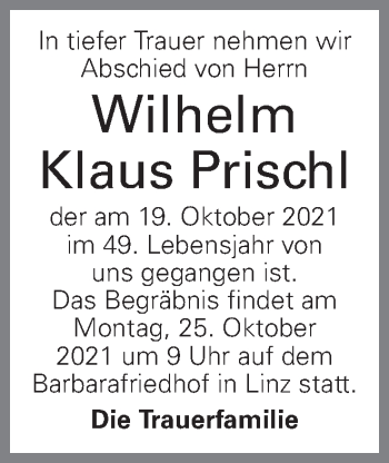 Traueranzeige von Wilhelm Klaus Prischl von OÖNachrichten