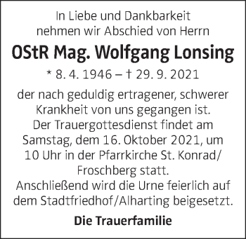 Traueranzeige von Wolfgang Lonsing von OÖNachrichten