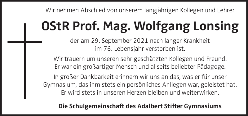  Traueranzeige für Wolfgang Lonsing vom 09.10.2021 aus OÖNachrichten