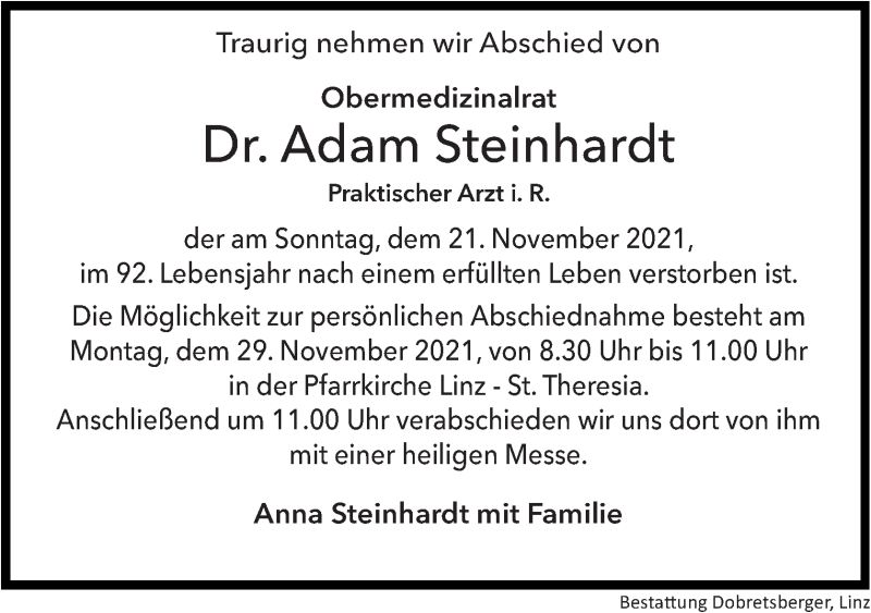  Traueranzeige für Adam Steinhardt vom 27.11.2021 aus OÖNachrichten