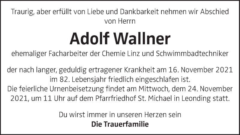  Traueranzeige für Adolf Wallner vom 20.11.2021 aus OÖNachrichten