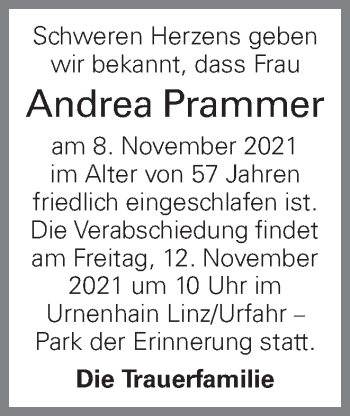 Traueranzeige von Andrea Prammer von OÖNachrichten
