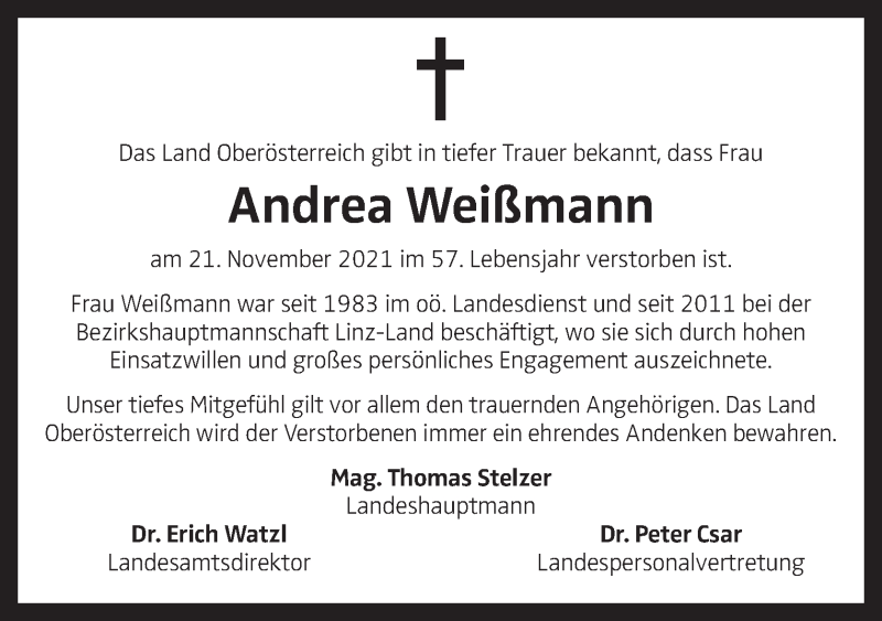  Traueranzeige für Andrea Weißmann vom 29.11.2021 aus OÖNachrichten