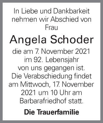 Traueranzeige von Angela Schoder von OÖNachrichten