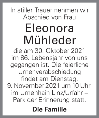 Traueranzeige von Eleonora Mühleder von OÖNachrichten
