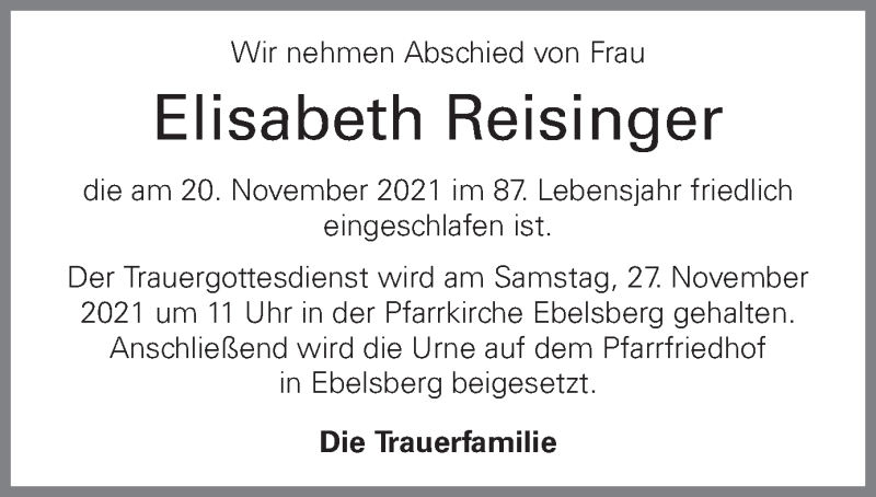  Traueranzeige für Elisabeth Reisinger vom 25.11.2021 aus OÖNachrichten