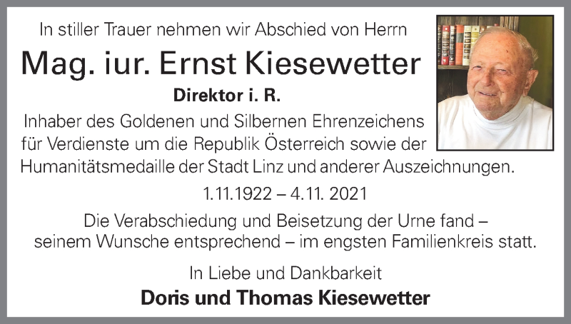  Traueranzeige für Ernst Kiesewetter vom 20.11.2021 aus OÖNachrichten