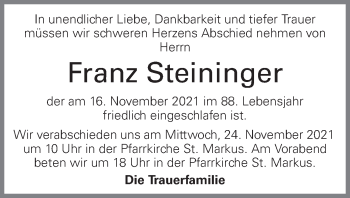 Traueranzeige von Franz Steininger von OÖNachrichten