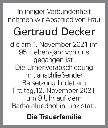 Traueranzeige von Gertraud Decker von OÖNachrichten