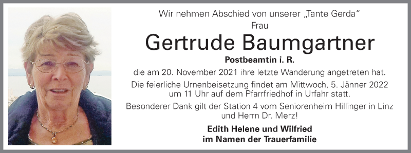  Traueranzeige für Gertrude Baumgartner vom 26.11.2021 aus OÖNachrichten