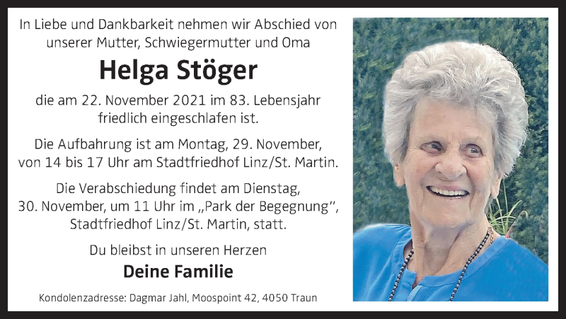  Traueranzeige für Helga Stöger vom 26.11.2021 aus OÖNachrichten