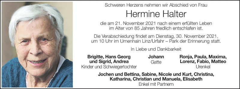  Traueranzeige für Hermine Halter vom 24.11.2021 aus OÖNachrichten