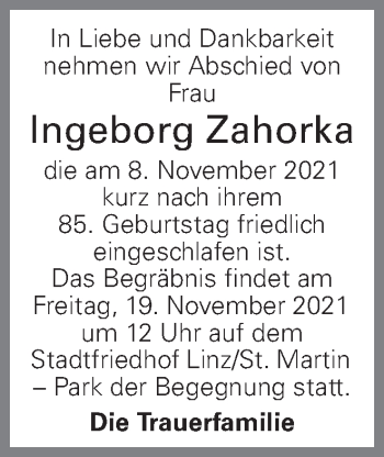 Traueranzeige von Ingeborg Zahorka von OÖNachrichten