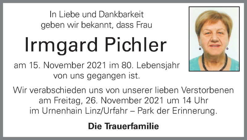  Traueranzeige für Irmgard Pichler vom 22.11.2021 aus OÖNachrichten
