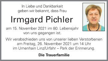 Traueranzeige von Irmgard Pichler von OÖNachrichten