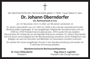 Traueranzeige von Johann Oberndorfer von OÖNachrichten