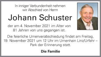 Traueranzeige von Johann Schuster von OÖNachrichten
