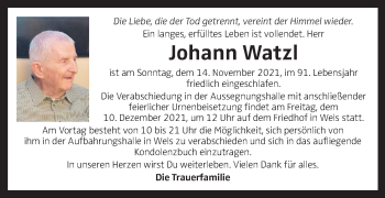 Traueranzeige von Johann Watzl von OÖNachrichten