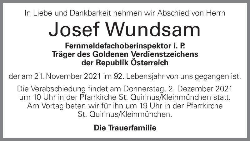  Traueranzeige für Josef Wundsam vom 29.11.2021 aus OÖNachrichten