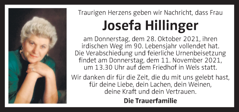  Traueranzeige für Josefa Hillinger vom 04.11.2021 aus OÖNachrichten