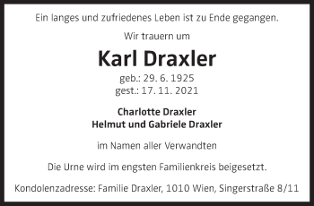 Traueranzeige von Karl Draxler von OÖNachrichten