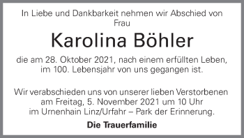 Traueranzeige von Karolina Böhler von OÖNachrichten