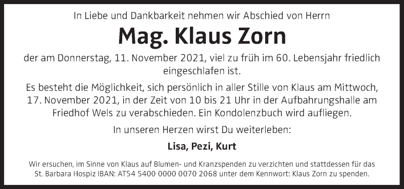  Traueranzeige für Klaus Zorn vom 16.11.2021 aus OÖNachrichten